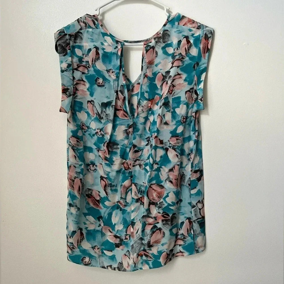 Rebecca Taylor Blue Aloha Teal Pink Floral Silk Top - Picture 2 of 5